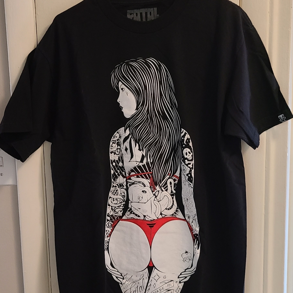 FATAL Clothing Tattoo Thong Bikini Woman Black T-Shirt Size Large